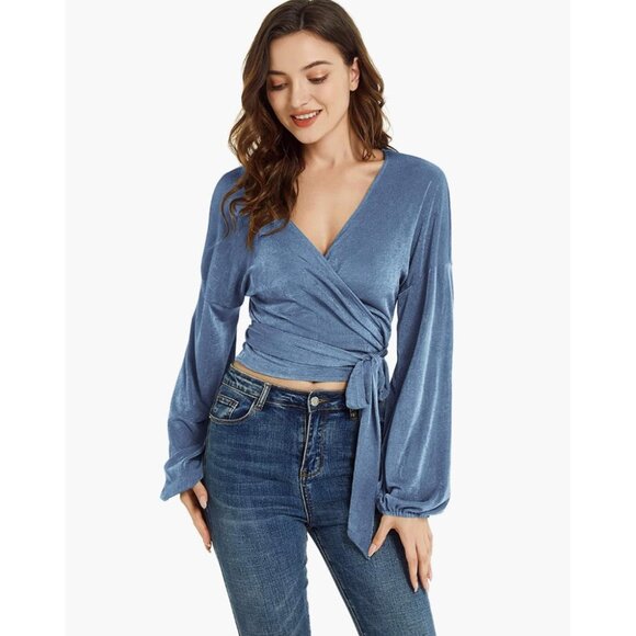 Steel Blue Knit Tie Front Belted V-Neck Long Sleeve Bishop‎ Wrap Top Sweater - Picture 2 of 6